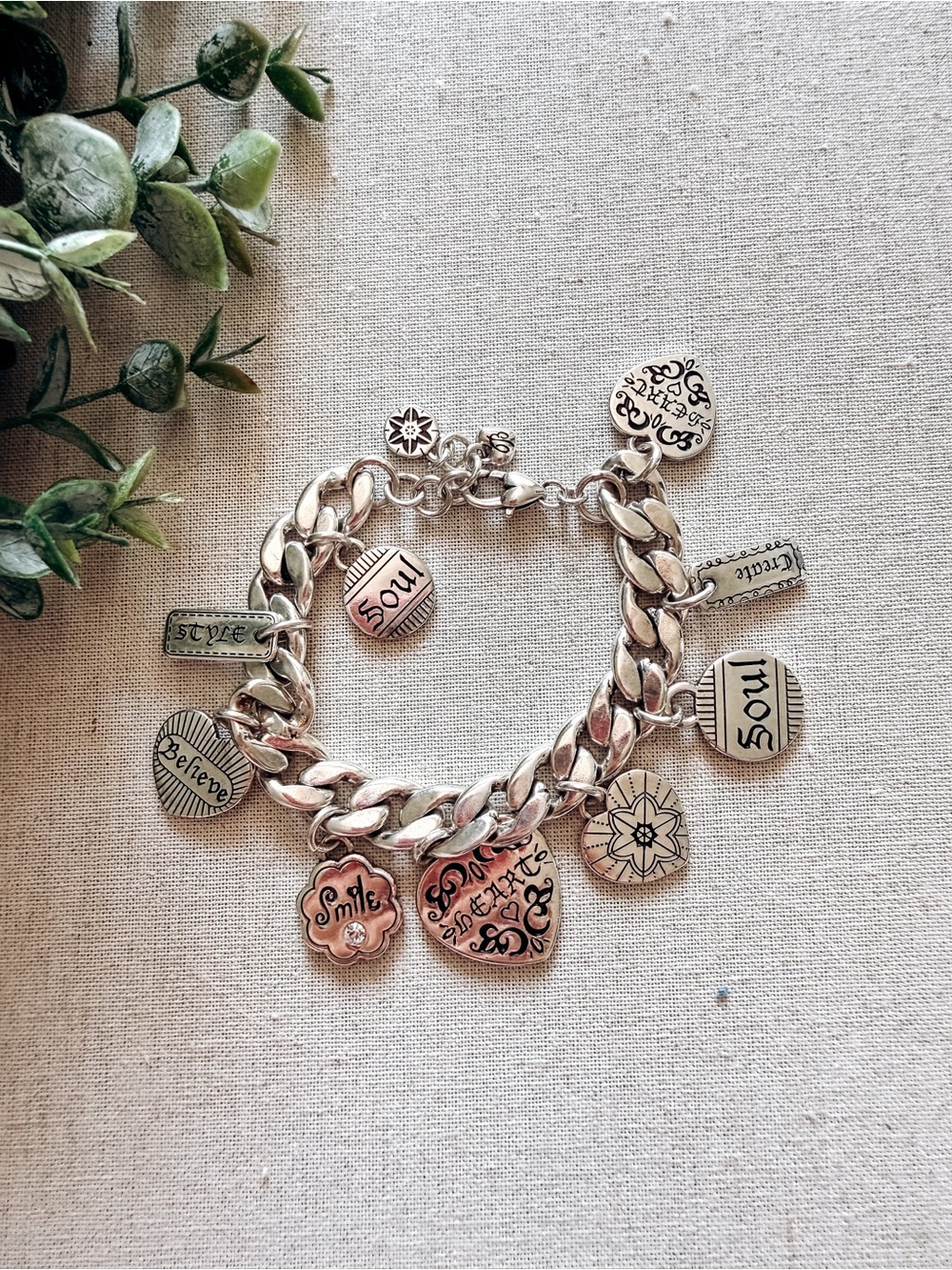 Brighton Soul Believe Smile Heart Charm Bracelet Silver Chunky Chain